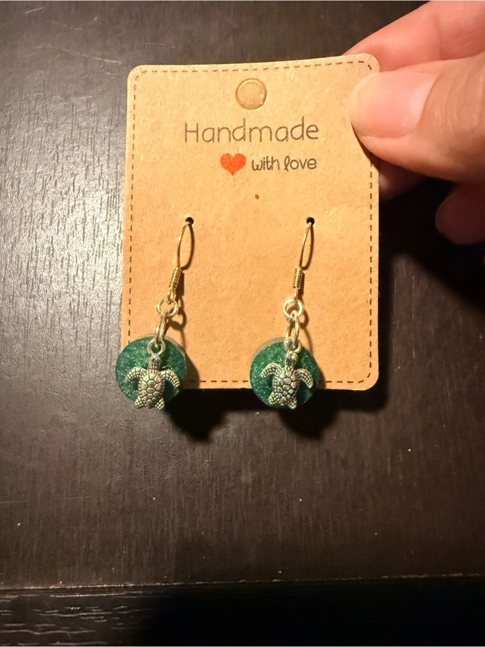 Handmade Green Epoxy Sea Turtle Dangle Earrings- Sterling Silver Hooks
